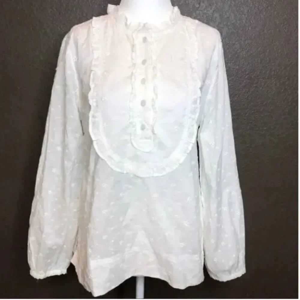 J.Crew Floral Eyelet Ruffled White Bib Front Long Sleeve Top Size Small.